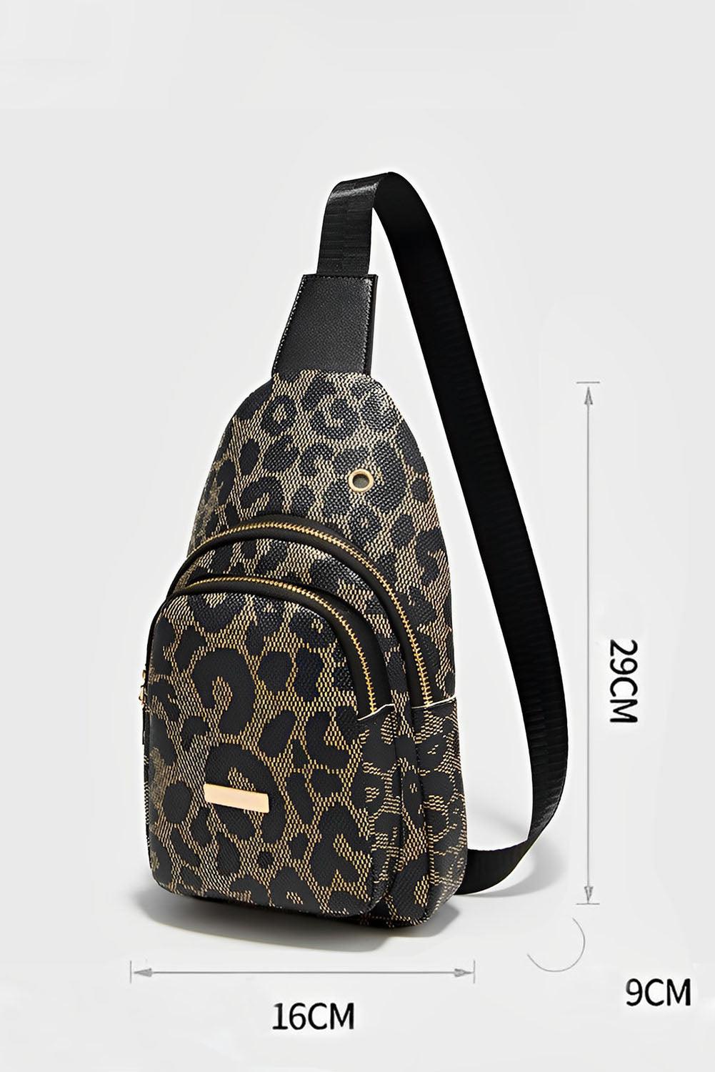 Woman's Leopard Printed PU Leather Zippered Fanny Pack Sling Bag - - Crossbody Bags