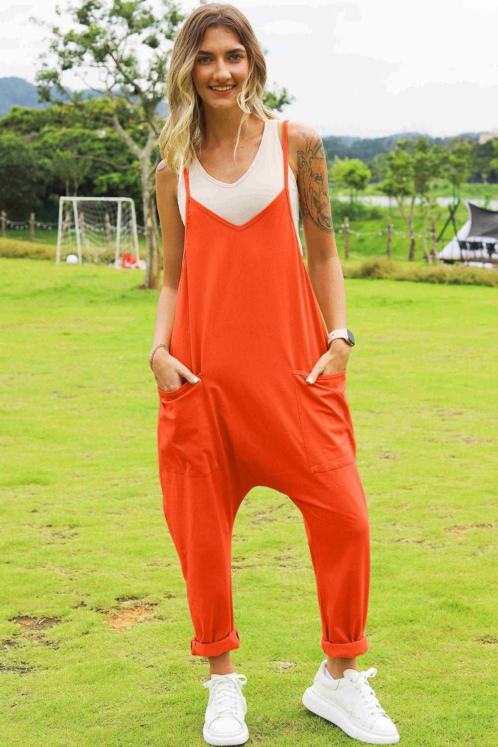 Double Take Full Size Sleeveless V-Neck Pocketed Jumpsuit ! - Orange - Women's Fashion - Women's Clothing - Bottoms - Leggings