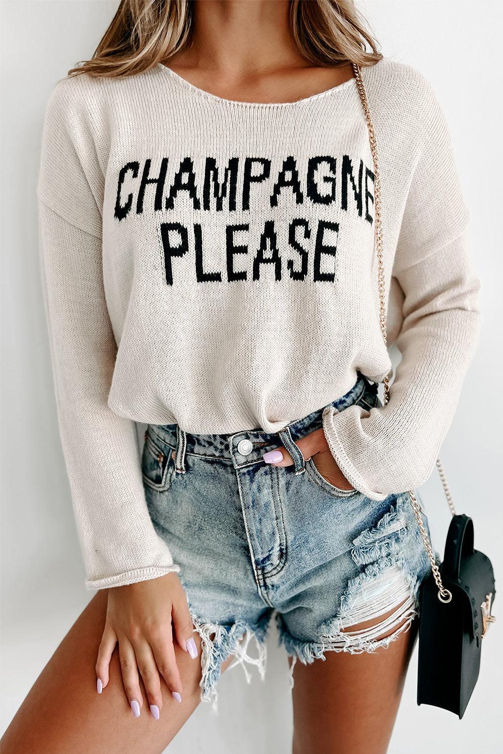 Women's White Champagne Please Letter Pattern Knitted Sweater - Snow White - Sweaters