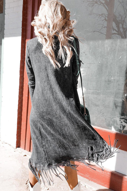 Women's Black Mineral Washed Tassel Open Front Long Cardigan - - Cardigans