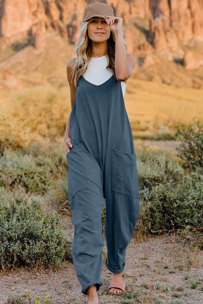 Double Take Full Size V-Neck Sleeveless Jumpsuit with Pockets - Peacock Blue - Women's Fashion - Women's Clothing - Suits & Sets - Women's Sets