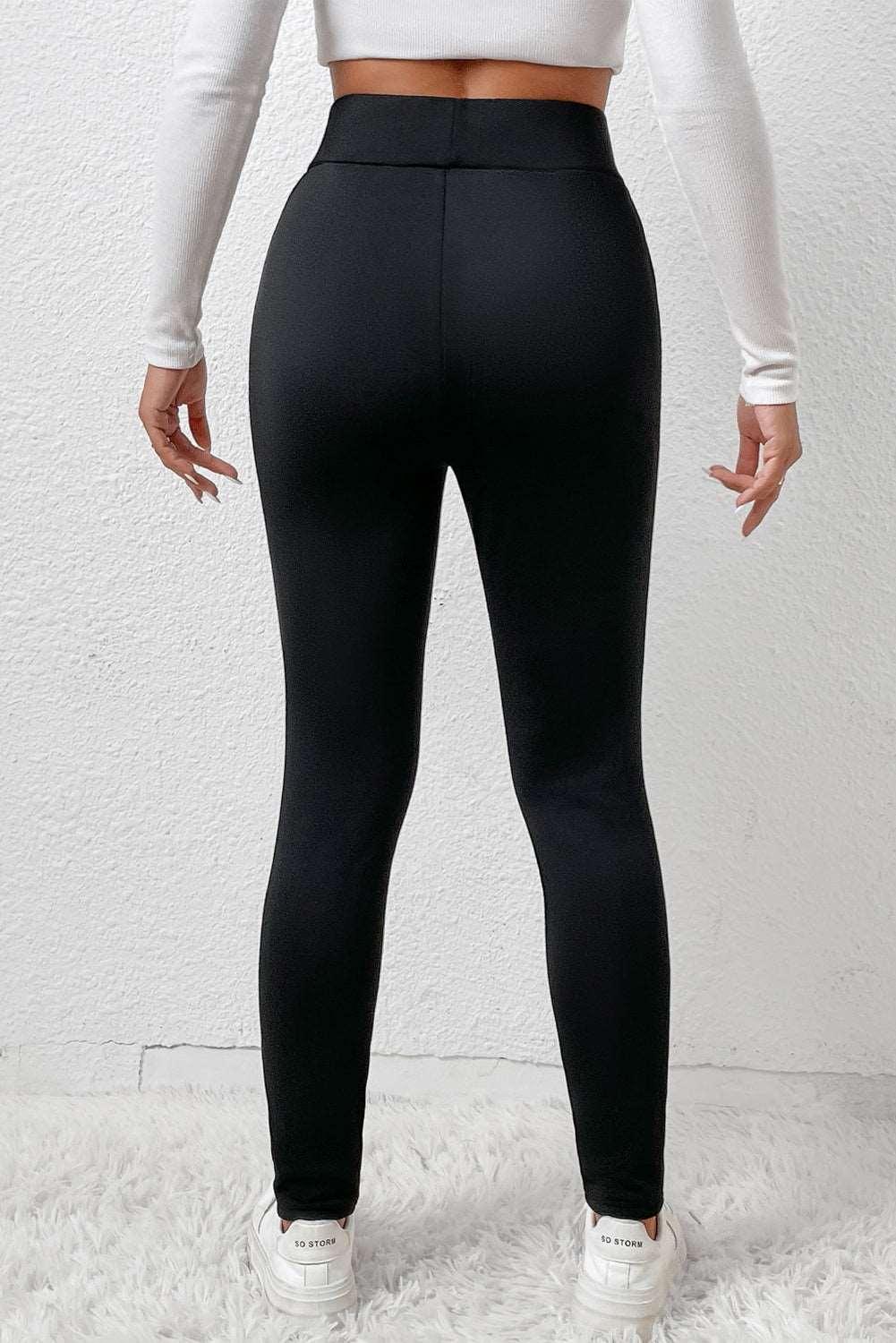 Women's Black Fleece Lining Winter Thermal High Waist Leggings - - Leggings