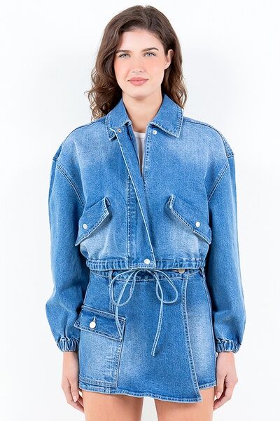 American Bazi Full Size Drop Shoulder Cropped Denim Jacket with Waist Strap Plus Size - Blue -