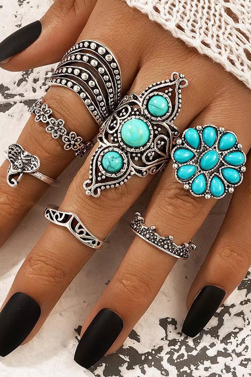 Women's Green Vintage 7Pcs Floral Geometric Turquoise Ring Set - Green ONE SIZE - Rings