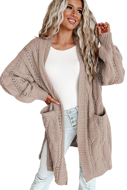 Women's Khaki Ribbed Trim Hollow Knit Side Slits Cardigan - - Cardigans