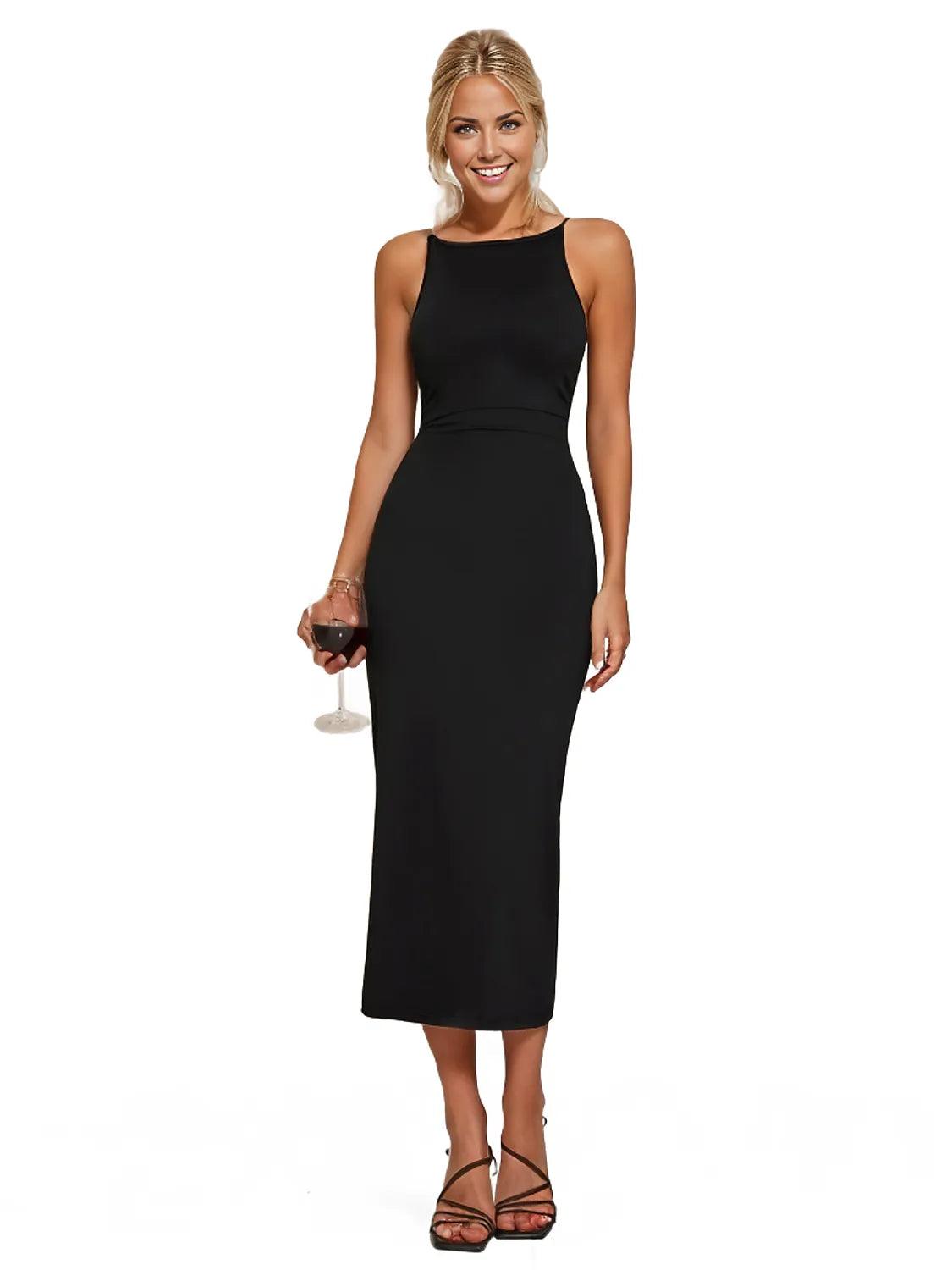 Round Neck Wrap Midi Cami Dress - Black - Women's Fashion - Women's Clothing - Suits & Sets - Women's Sets