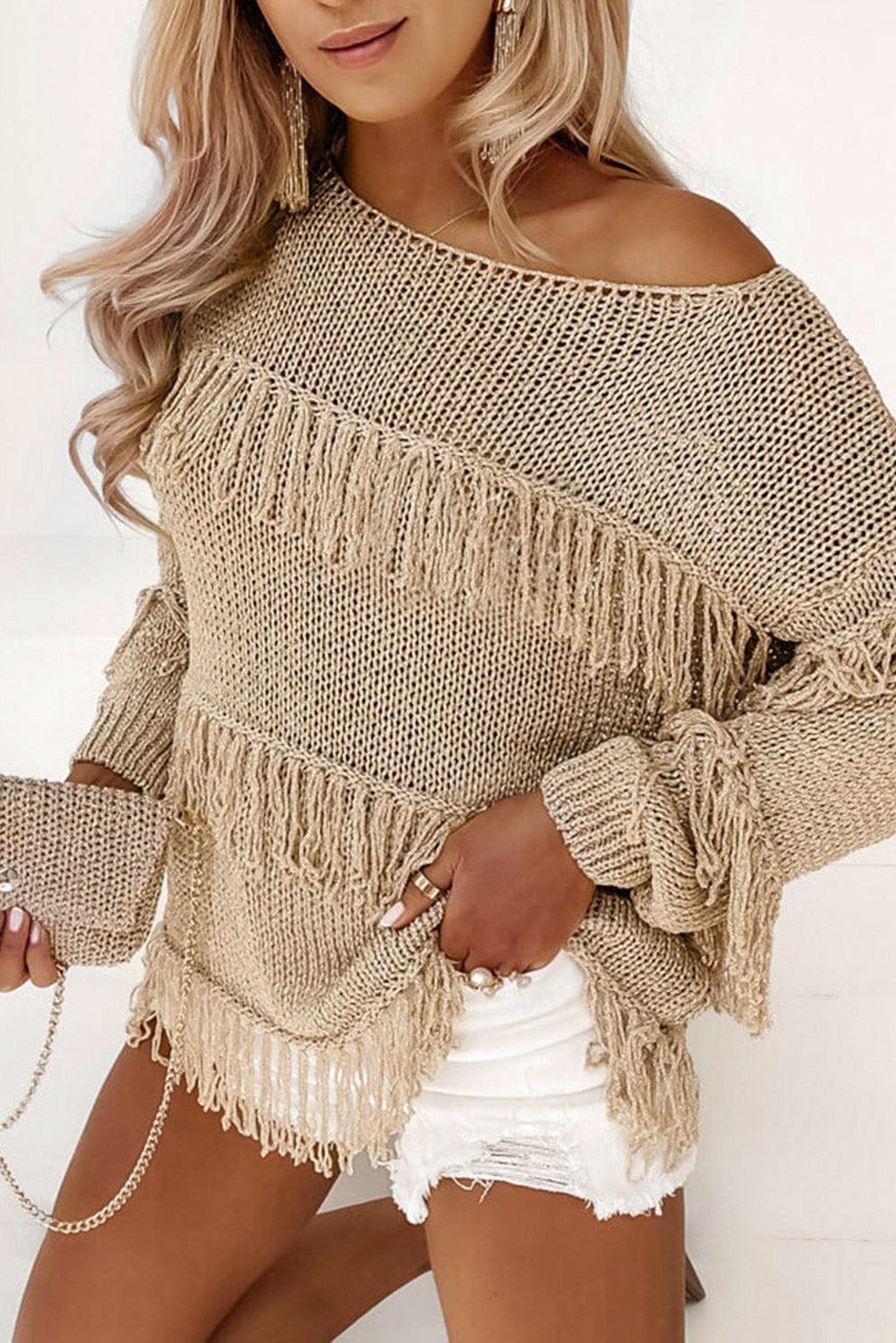 Women's Khaki Boho Fringe Tasseled Knitted Sweater - - Sweaters