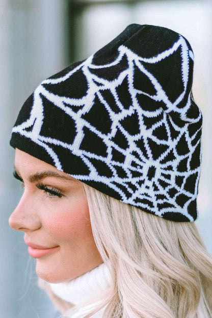 Women's Black Halloween Cobweb Pattern Woolen Hat - Black ONE SIZE - Hats