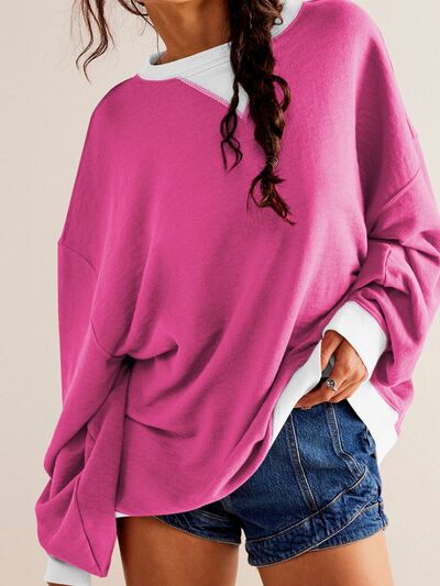 Mandy Contrast Trim Round Neck Long Sleeve Sweatshirt - -