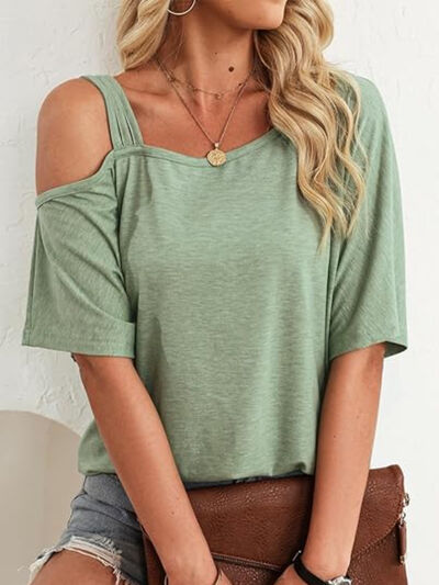 Asymmetrical Neck Half Sleeve T-Shirt - -