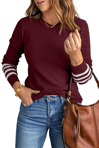 Women's Black Casual Crew Neck Striped Sleeve Knit Sweater - - Sweaters