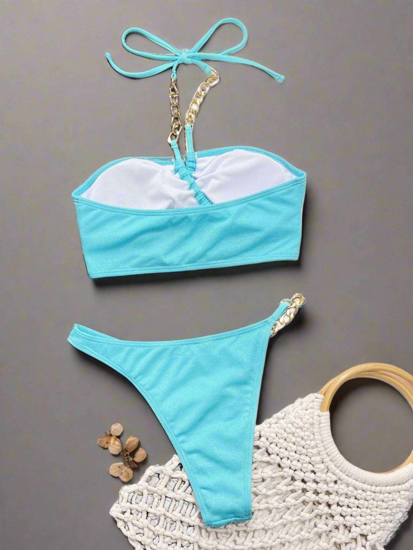 Halter Neck Chain Detail Two-Piece Bikini Set - - women swimsuit