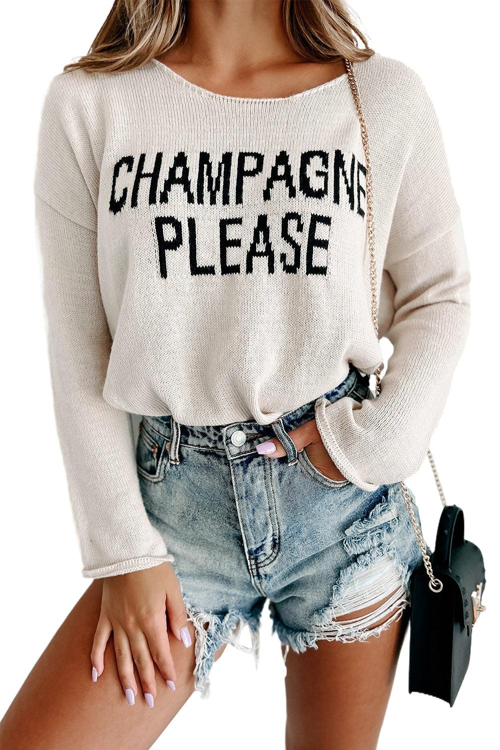 Women's White Champagne Please Letter Pattern Knitted Sweater - - Sweaters