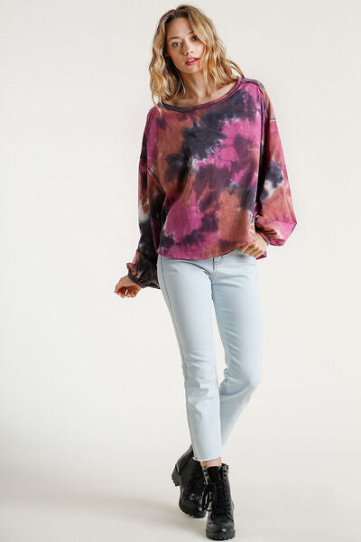 Umgee Full Size Tie Dye Round Neck Long Balloon Sleeve Top Plus Size - -