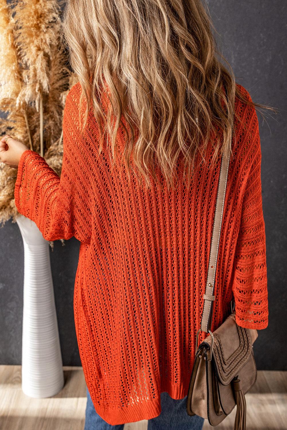 Women's Orange Hollow-out Bracelet Sleeve Knit Cardigan - - Cardigans