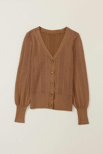 Women's Chestnut V Neck Buttoned Textured Sweater - - Sweaters