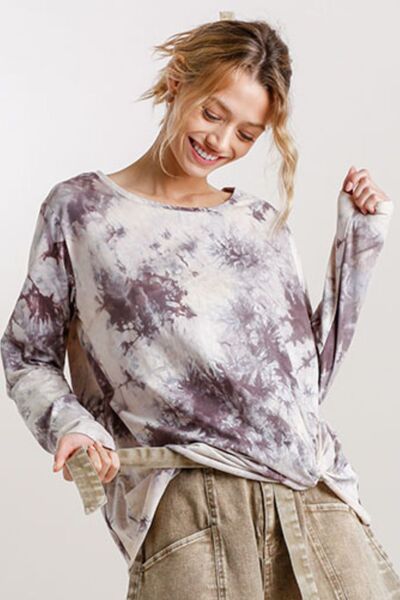 Umgee Full Size Tie Dye Front Gathered Detail Round Neck Long Sleeve T-Shirt Plus Size - CREAM MOCHA -