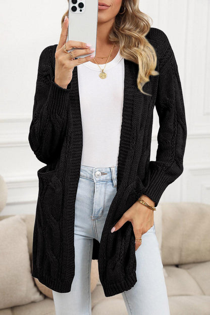 Women's Khaki Ribbed Trim Hollow Knit Side Slits Cardigan - Black - Cardigans