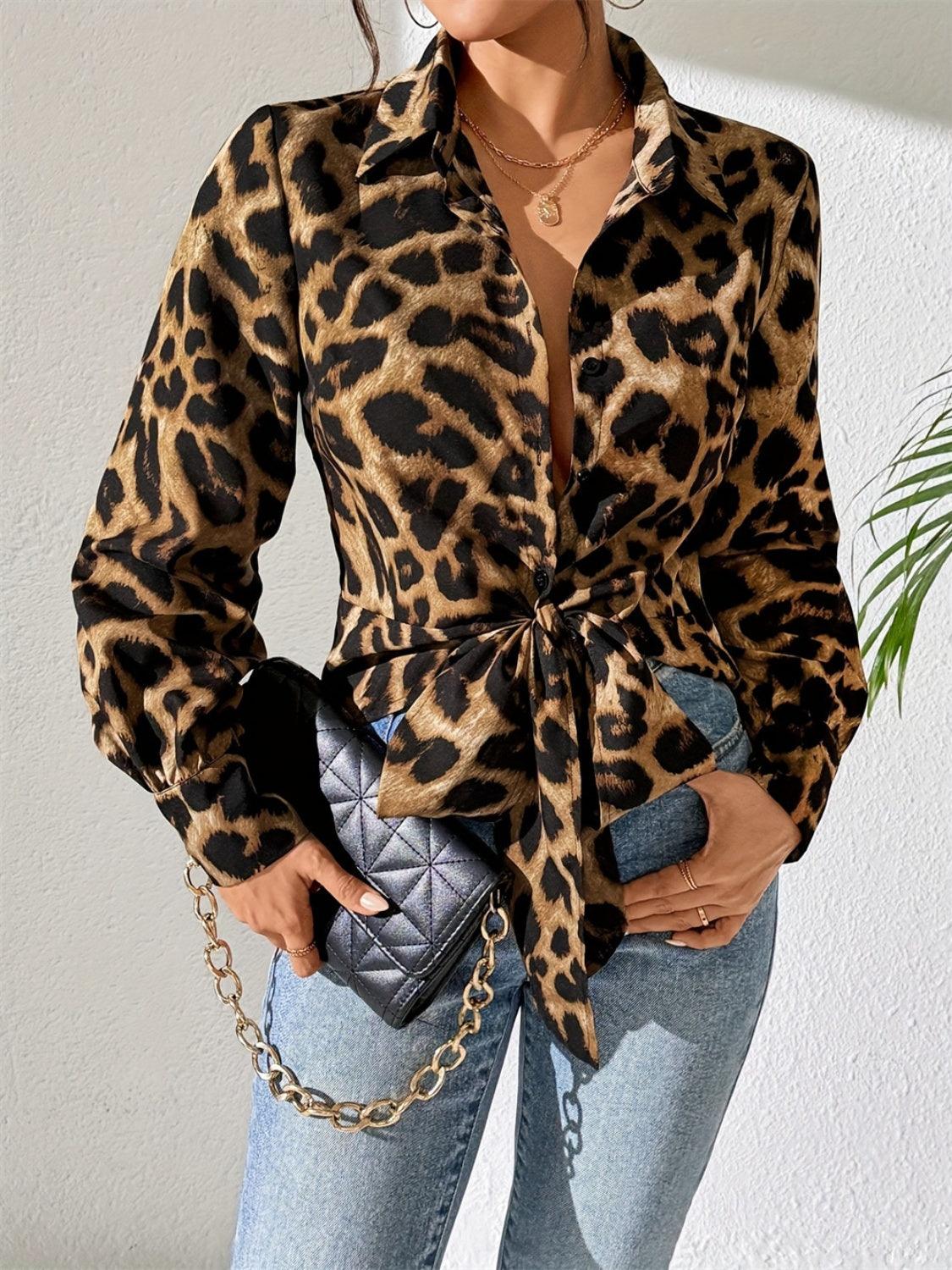 Leopard Print Collared Long Sleeve Button-Up Shirt – Chic & Comfortable - - Women's Fashion - Women's Clothing - Tops & Tees - Tank Tops