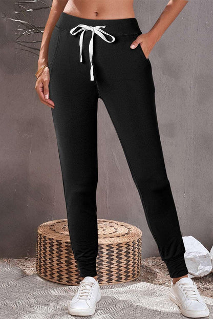 Women's Black Casual Drawstring Drop Waist Pocketed Joggers - - Pants