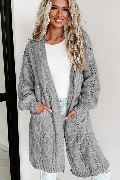 Women's Khaki Ribbed Trim Hollow Knit Side Slits Cardigan - - Cardigans