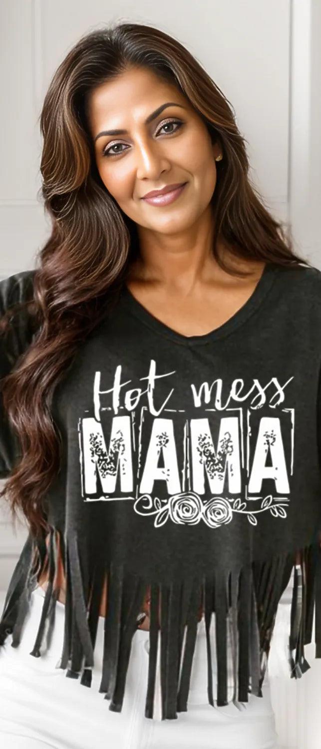 HOT MESS MAMA Fringe Round Neck T-Shirt - - Women's T-Shirt