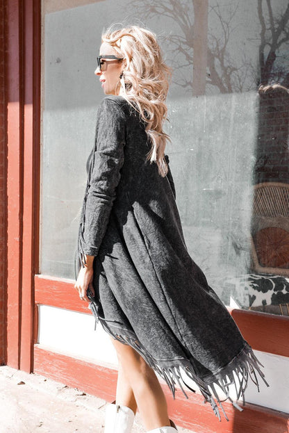 Women's Black Mineral Washed Tassel Open Front Long Cardigan - - Cardigans