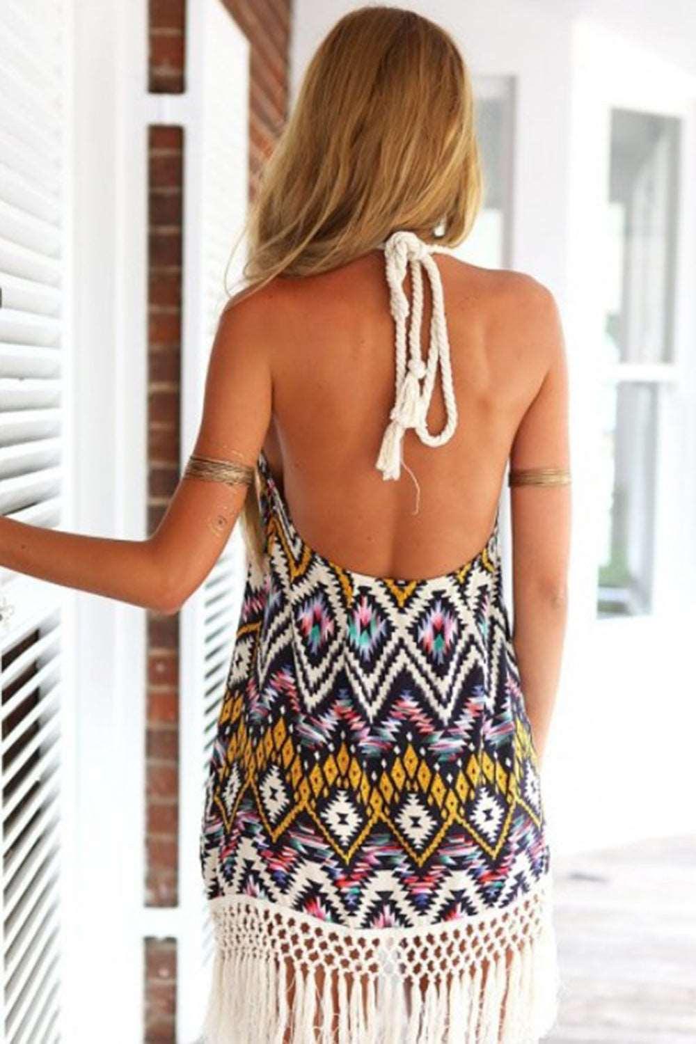 Full Size Tassel Printed Halter Neck Mini Dress - - Women's Fashion - Women's Clothing - Suits & Sets - Women's Sets