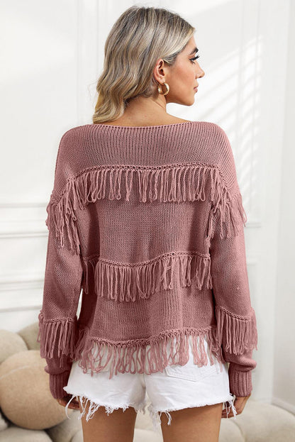 Women's Khaki Boho Fringe Tasseled Knitted Sweater - - Sweaters