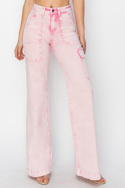 High-Rise Wide Leg Cargo Pocket Jeans – Comfort Meets Style - Acid Pink - women's bottom