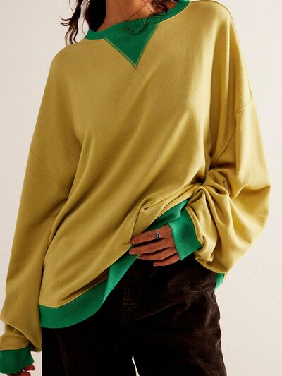 Mandy Contrast Trim Round Neck Long Sleeve Sweatshirt - Gold -