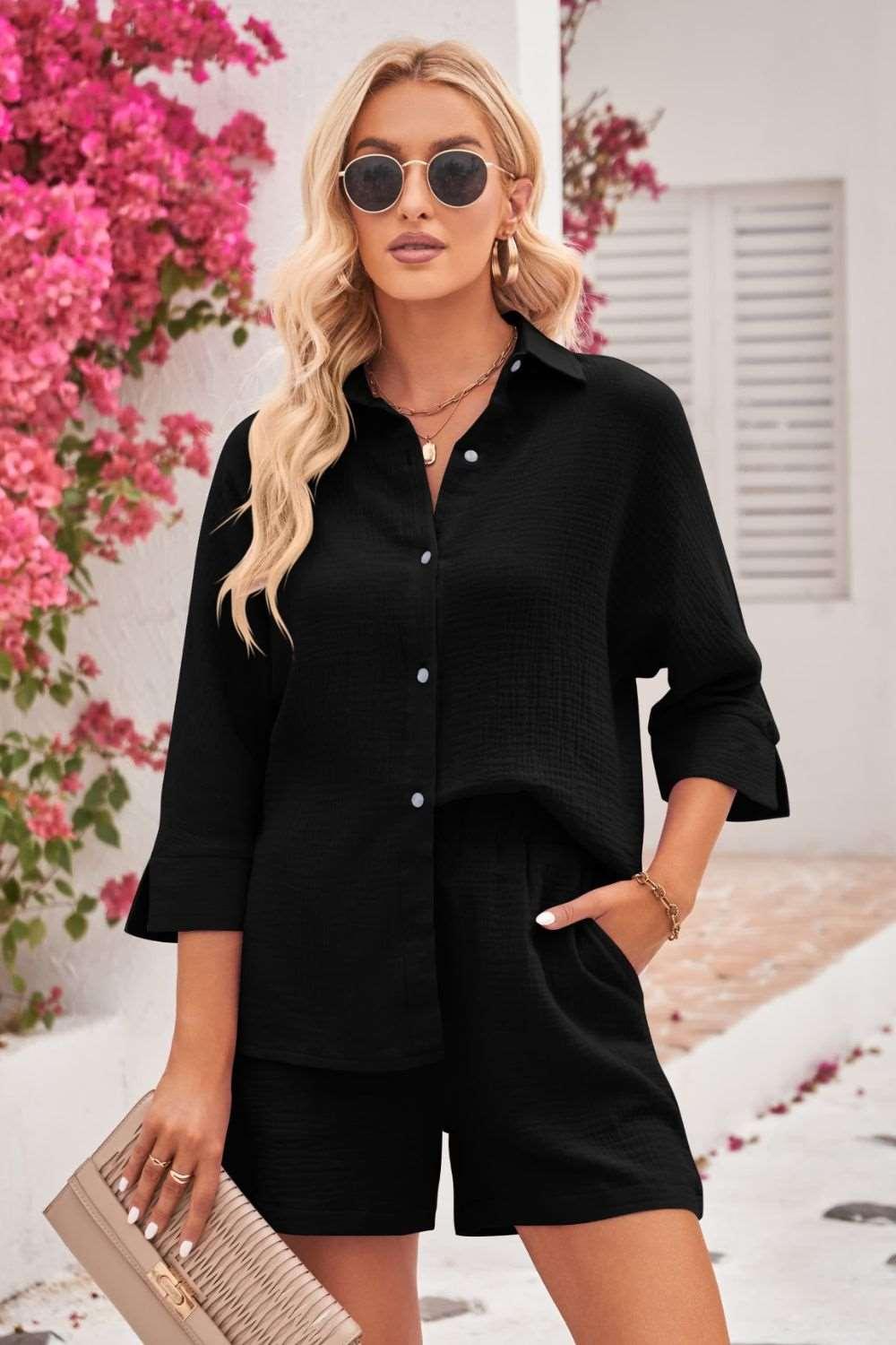 Double Take Textured Shirt and Elastic Waist Shorts Set ! - - Women's Fashion - Women's Clothing - Suits & Sets - Women's Sets