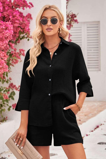 Double Take Textured Shirt and Elastic Waist Shorts Set ! - - Women's Fashion - Women's Clothing - Suits & Sets - Women's Sets