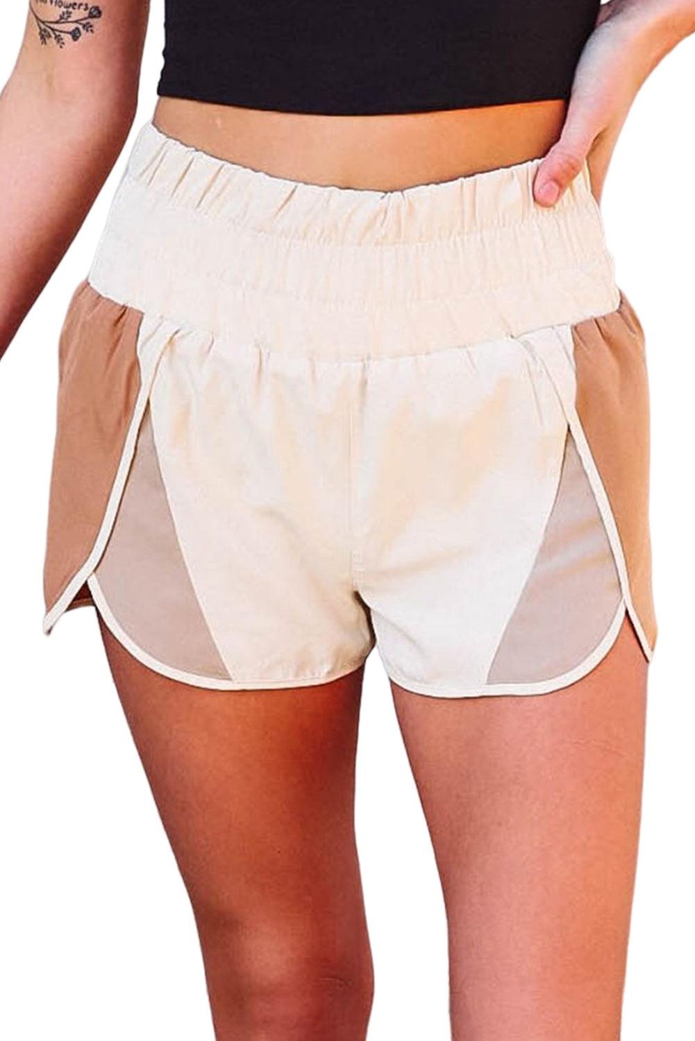 Women's Apricot Casual Color Block Split High Waisted Shorts - - Gym Shorts