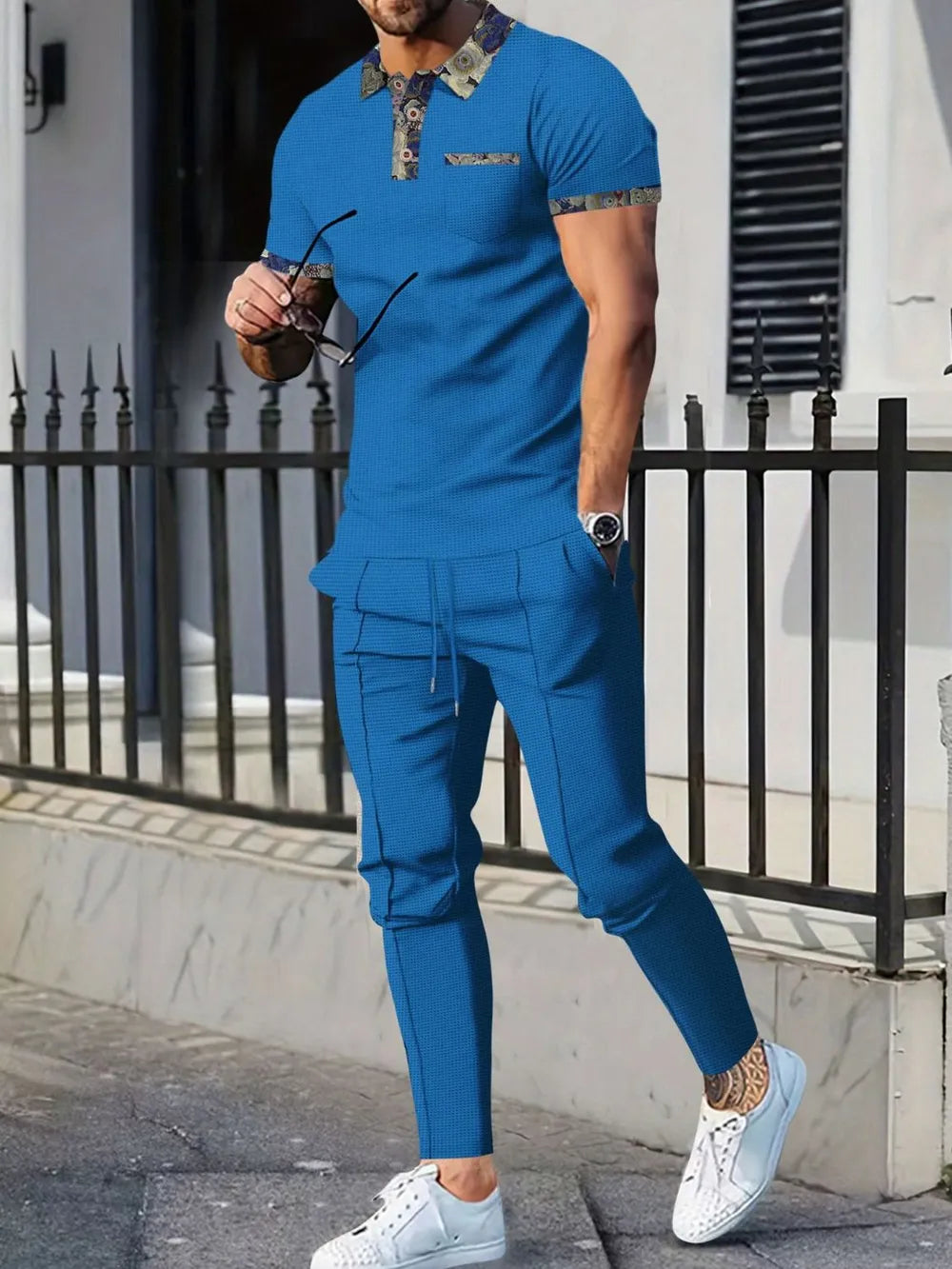Men’s Plus Size Waffle Knit Polo & Pants Set – Soft Texture, Everyday Comfort - Blue - Men's Sets