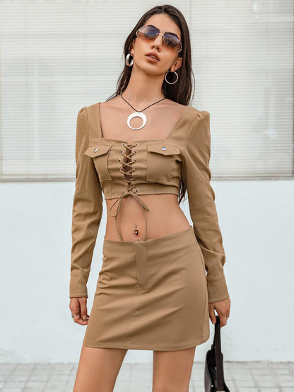 Lace-Up Cropped Top and Skirt Set - - Women's Fashion - Women's Clothing - Suits & Sets - Women's Sets