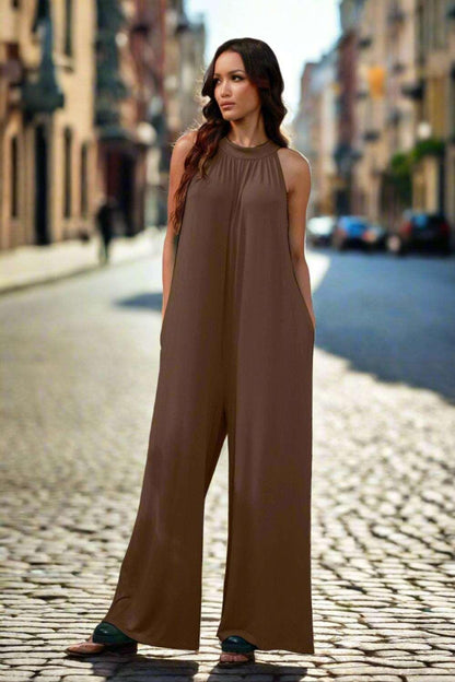 Double Take Full Size Tie Back Cutout Sleeveless Jumpsuit ! - Mocha - Women's Fashion - Women's Clothing - Suits & Sets - Women's Sets