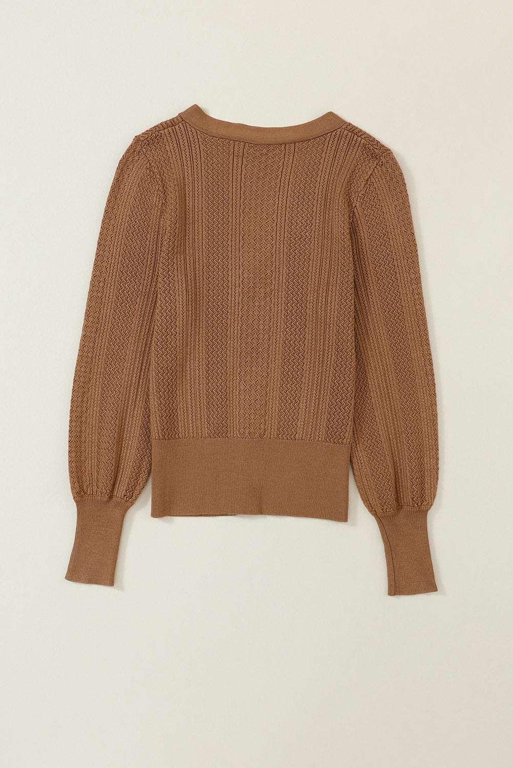 Women's Chestnut V Neck Buttoned Textured Sweater - - Sweaters