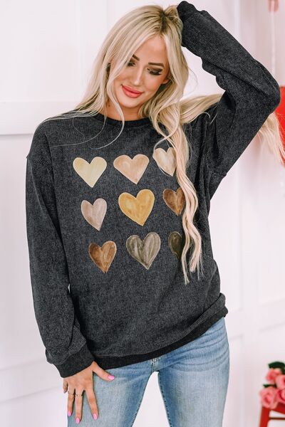 Heart Round Neck Dropped Shoulder Sweatshirt - -