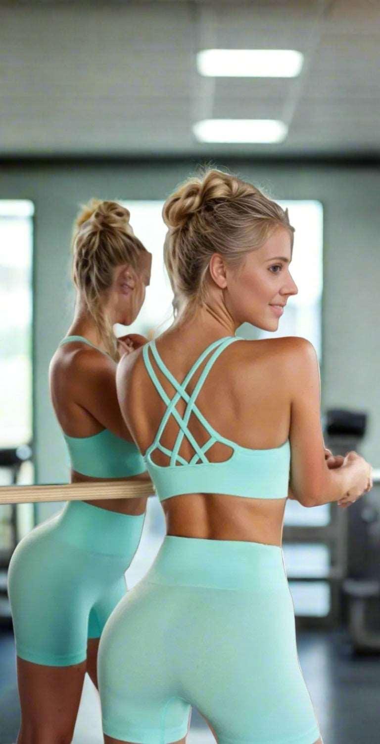 Crisscross Spaghetti Strap Active Bra - Aqua - Women's Fashion - Women's Clothing - Tops & Tees - Tank Tops