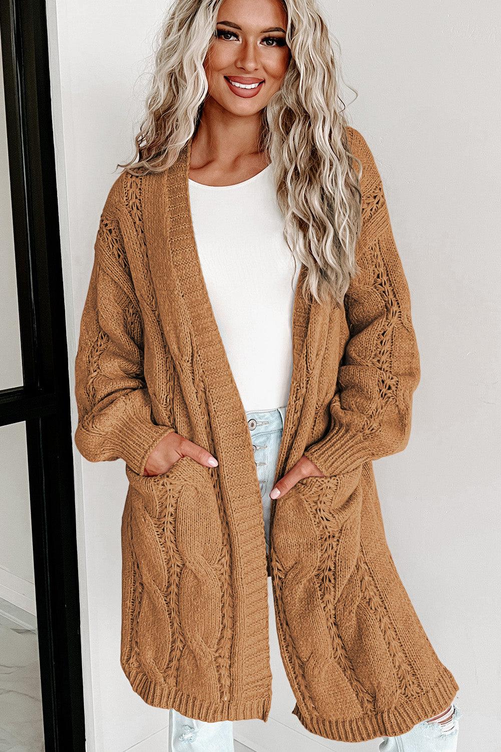 Women's Khaki Ribbed Trim Hollow Knit Side Slits Cardigan - - Cardigans