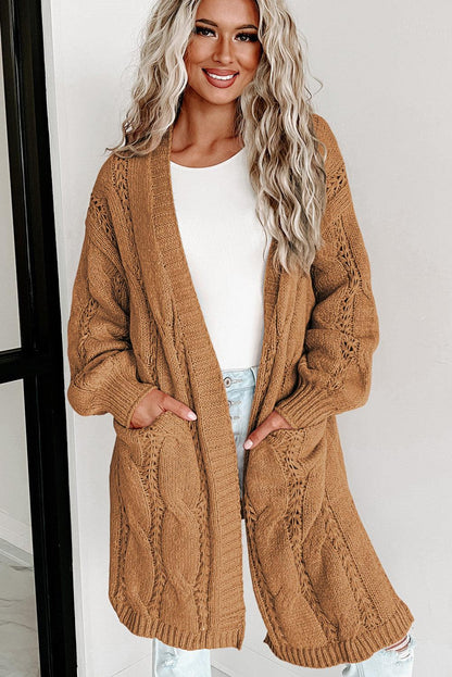 Women's Khaki Ribbed Trim Hollow Knit Side Slits Cardigan - - Cardigans