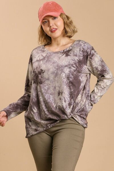 Umgee Full Size Tie Dye Front Gathered Detail Round Neck Long Sleeve T-Shirt Plus Size - -