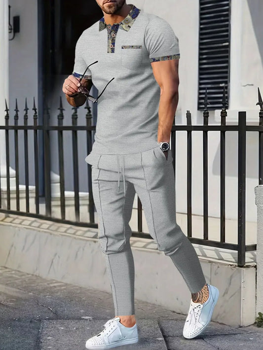 Men’s Plus Size Waffle Knit Polo & Pants Set – Soft Texture, Everyday Comfort - Gray - Men's Sets