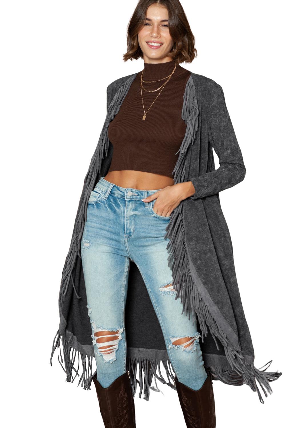 Women's Black Mineral Washed Tassel Open Front Long Cardigan - - Cardigans