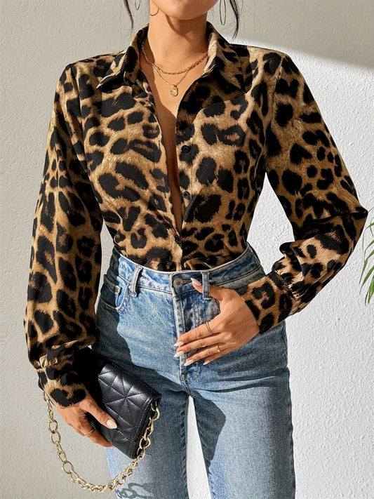 Leopard Print Collared Long Sleeve Button-Up Shirt – Chic & Comfortable - Caramel - Women's Fashion - Women's Clothing - Tops & Tees - Tank Tops