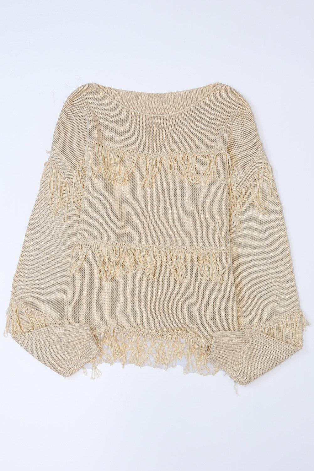 Women's Khaki Boho Fringe Tasseled Knitted Sweater - - Sweaters