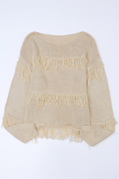 Women's Khaki Boho Fringe Tasseled Knitted Sweater - - Sweaters