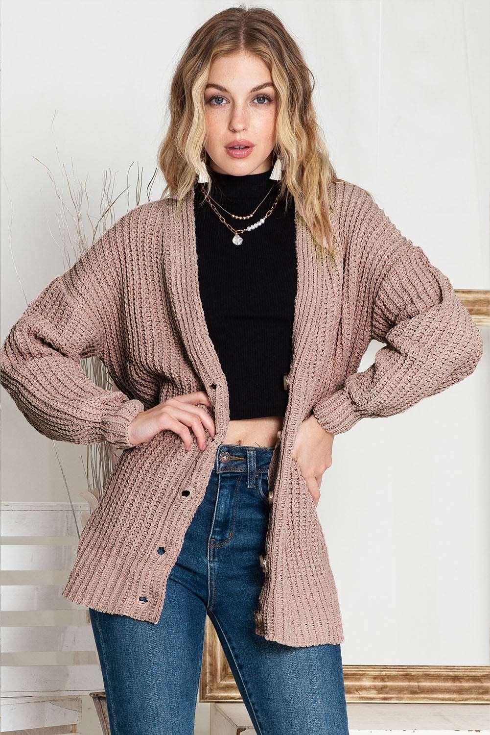 women's Black Solid Color Buttoned Down Casual Knitted Cardigan - Khaki - Cardigans