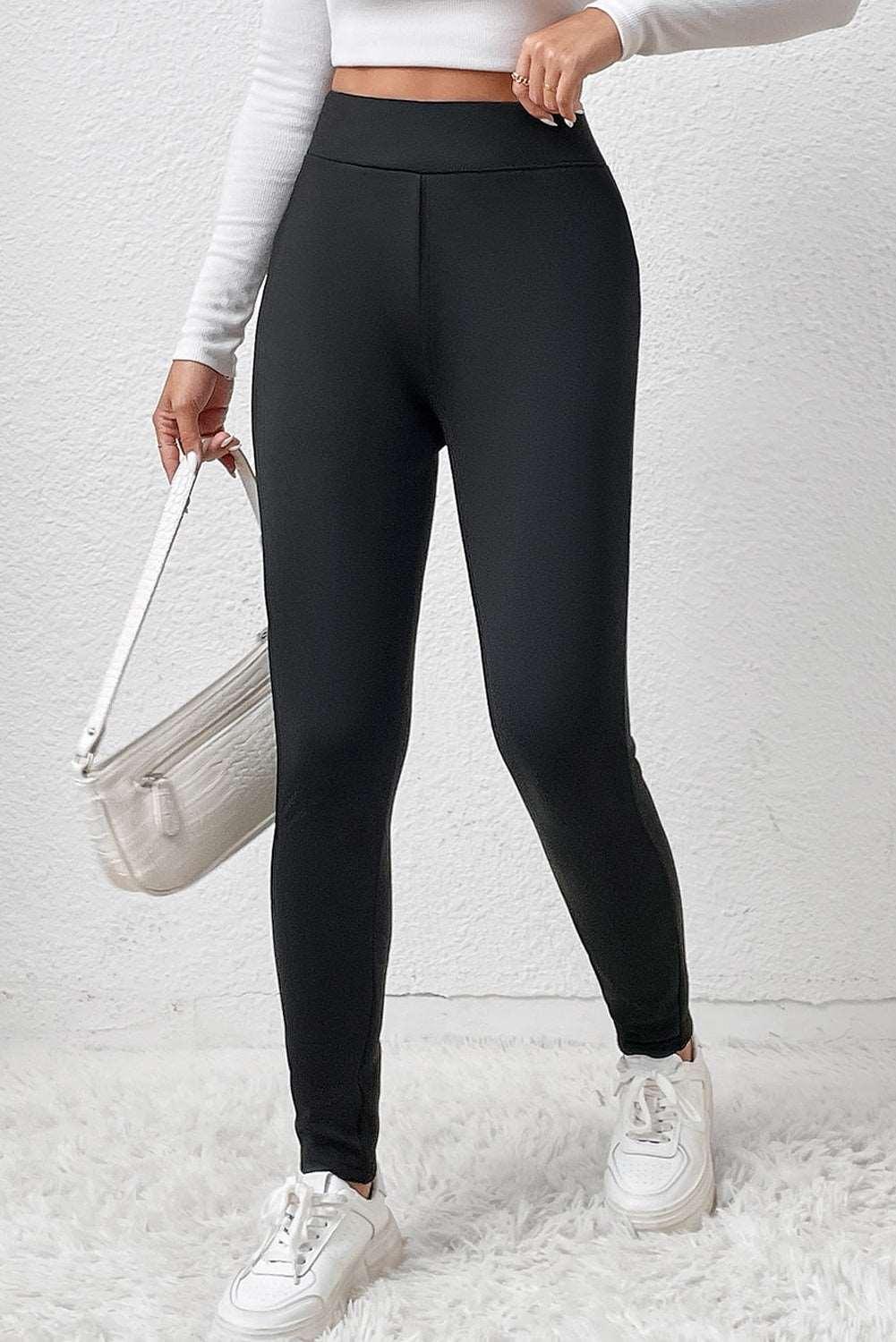 Women's Black Fleece Lining Winter Thermal High Waist Leggings - - Leggings